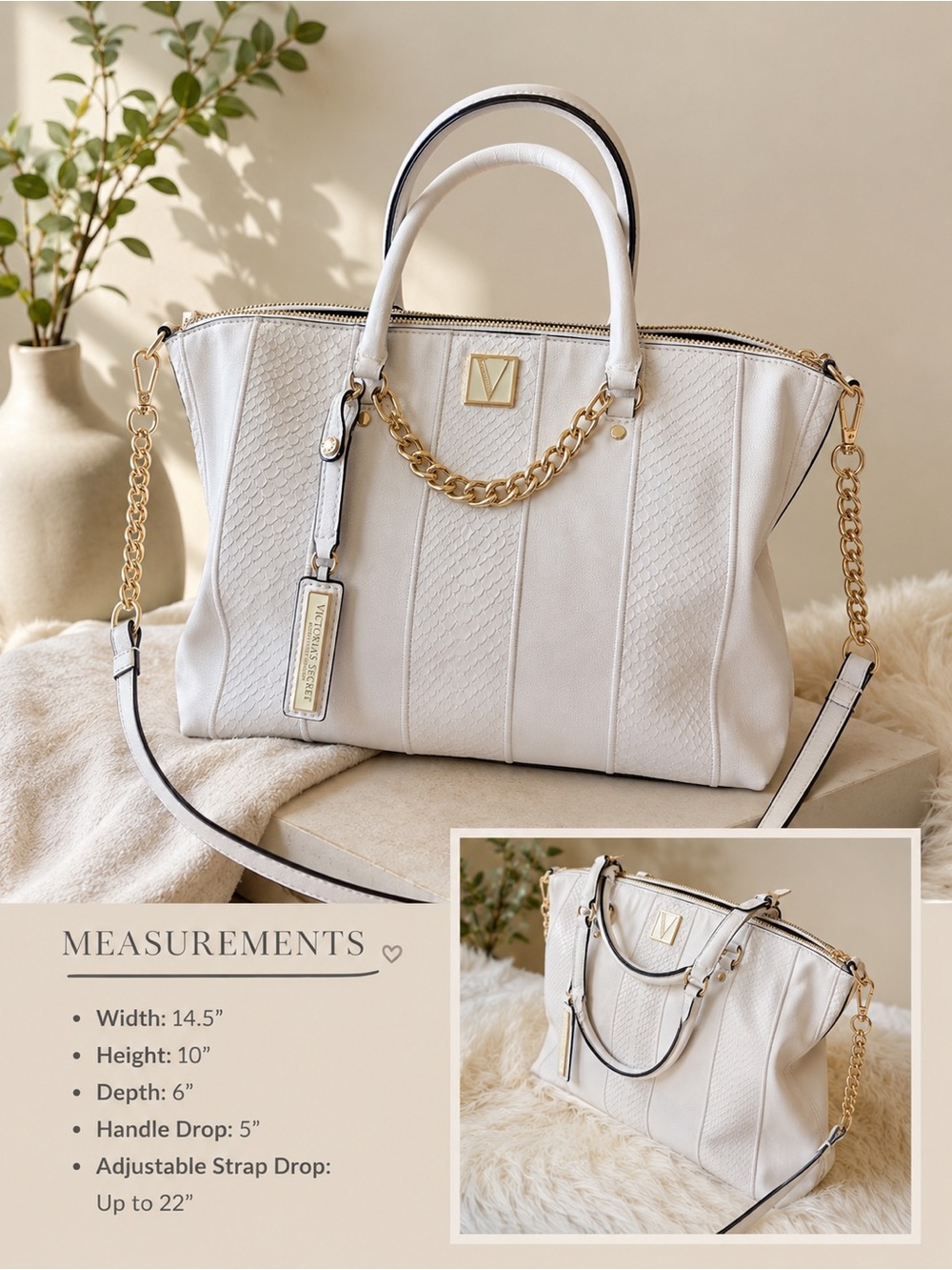 Victoria's Secret White Tote with Gold Chain Accents